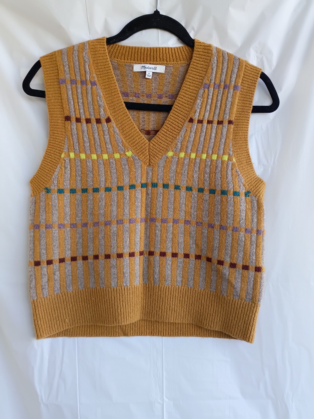 Madewell Jacquard V-Neck Sweater Vest in Heather Vintage Gold - Size S